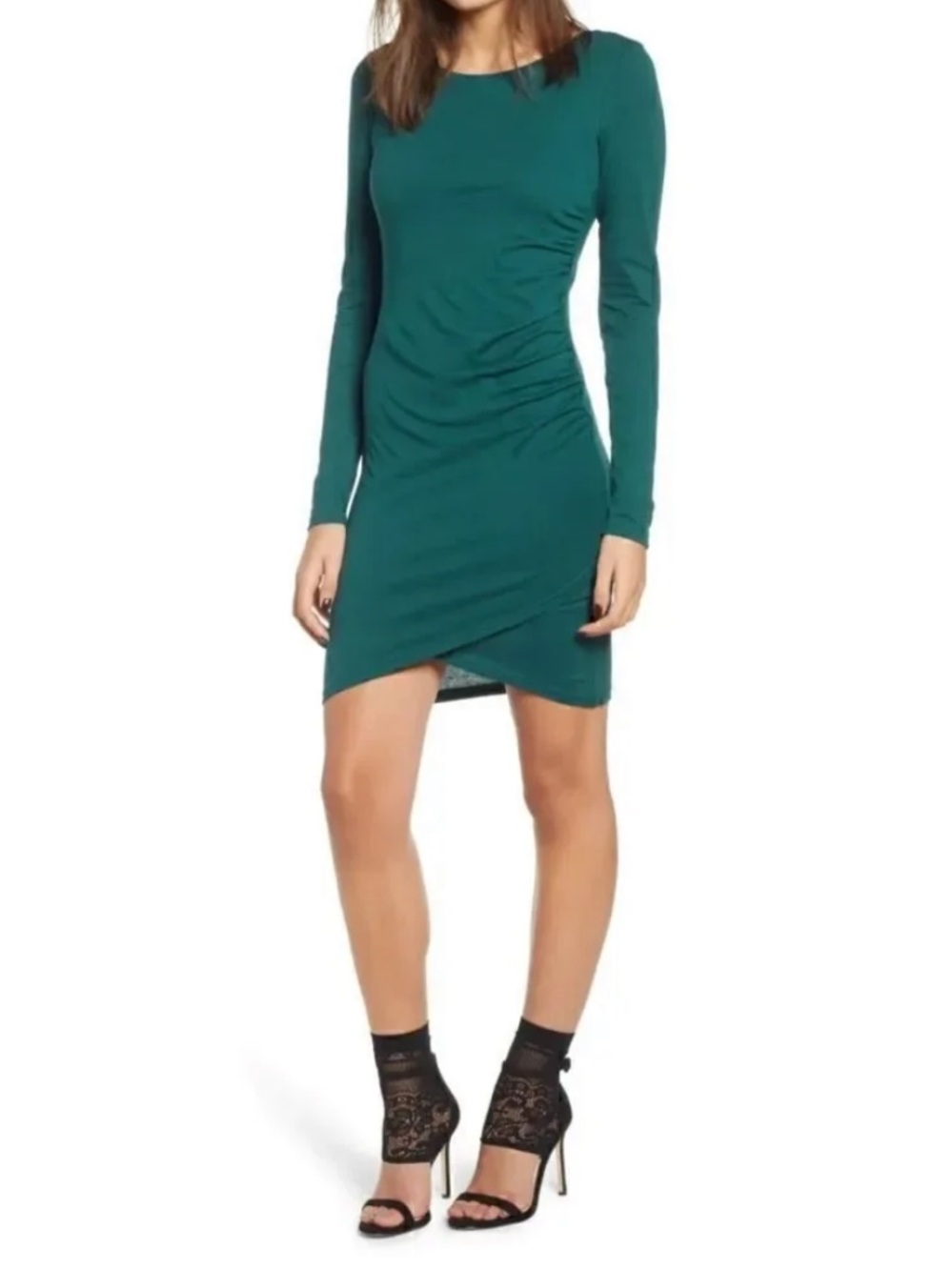 Leith Teal Long-Sleeve Ruched Bodycon Dress